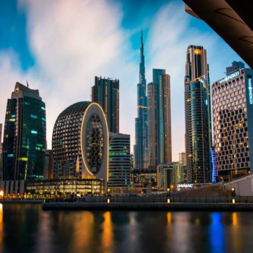 Dubai modern architecture landmark skyline view from the Marasi marina in city Business bay downtown area in the United Arab Emirates